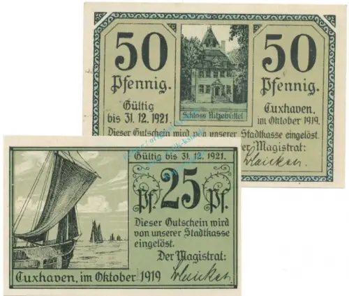 Cuxhaven , Notgeld Set mit 2 Scheinen unc-kfr. Tieste 1255.15.05-06 NDS 1919 Verkehrsausgabe -4074