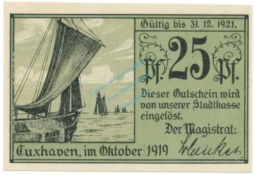 Cuxhaven , Notgeld 25 Pfennig Schein unc-kfr. Tieste 1255.15.05 NDS 1919 Verkehrsausgabe -4075