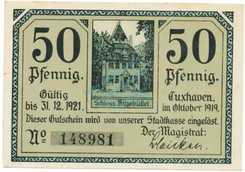 Cuxhaven , Notgeld 50 Pfennig Schein unc-kfr. Tieste 1255.15.06 NDS 1919 Verkehrsausgabe -4076