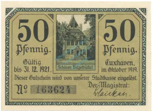 Cuxhaven , Notgeld 50 Pfennig Schein unc-kfr. Tieste 1255.15.11 NDS 1919 Verkehrsausgabe -4077