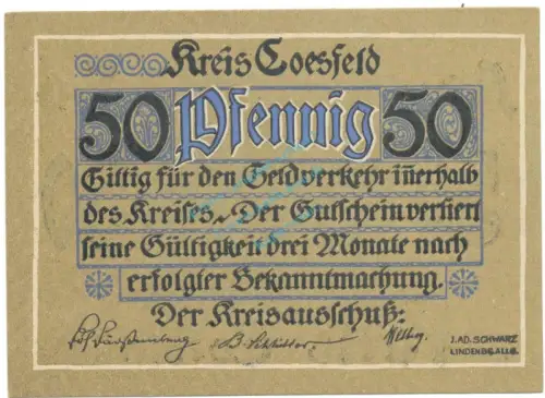 Coesfeld , Notgeld 50 Pfennig -MUSTER- Schein unc-kfr. Tieste 1185.05.02.M , NRW o.D. Verkehrsausgabe -4102