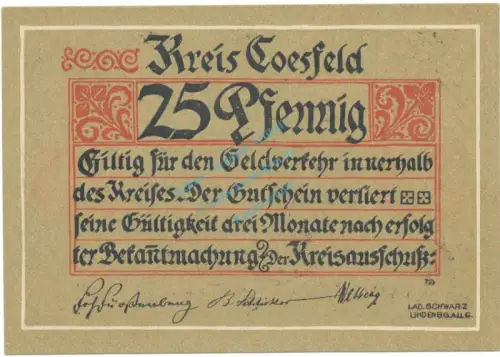 Coesfeld , Notgeld 25 Pfennig -MUSTER- Schein unc-kfr. Tieste 1185.05.01.M , NRW o.D. Verkehrsausgabe -4103