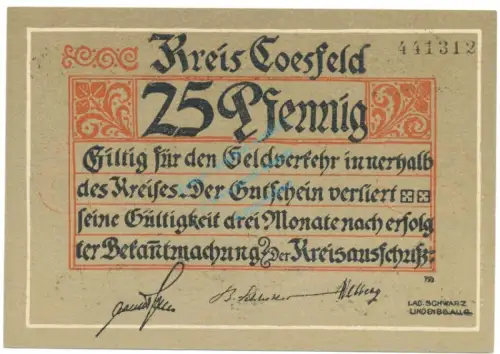 Coesfeld , Notgeld 25 Pfennig Schein unc-kfr. Tieste 1185.05.15 , NRW o.D. Verkehrsausgabe -4104