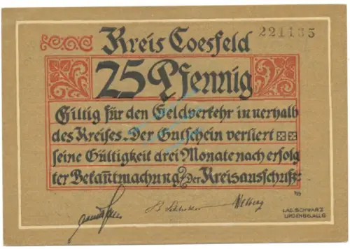 Coesfeld , Notgeld 25 Pfennig Schein unc-kfr. Tieste 1185.05.10 , NRW o.D. Verkehrsausgabe -4105