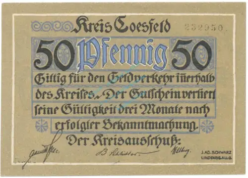 Coesfeld , Notgeld 50 Pfennig Schein unc-kfr. Tieste 1185.05.16 , NRW o.D. Verkehrsausgabe -4106