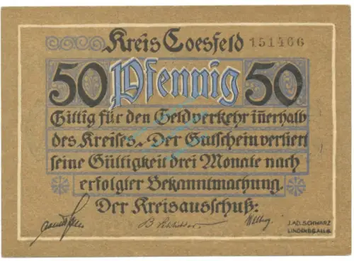 Coesfeld , Notgeld 50 Pfennig Schein unc-kfr. Tieste 1185.05.11 , NRW o.D. Verkehrsausgabe -4107