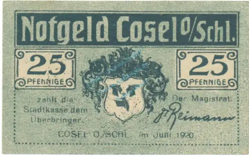 Cosel , Notgeld 25 Pfennig Schein unc-kfr. Tieste 1205.05.01  , OSL 1920 Verkehrsausgabe -4108