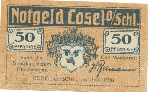 Cosel , Notgeld 50 Pfennig Schein unc-kfr. Tieste 1205.05.02  , OSL 1920 Verkehrsausgabe -4109