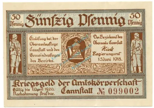Cannstatt , Notgeld 50 Pfennig Schein unc-kfr. Tieste 1085.05.05  , WÜR 1918 Verkehrsausgabe -4110