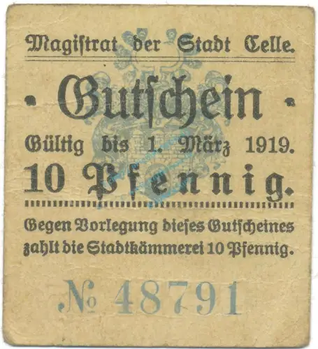 Celle , Notgeld 10 Pfennig Schein gbr. Tieste 1115.20.01  , NDS o.D. Verkehrsausgabe -4114