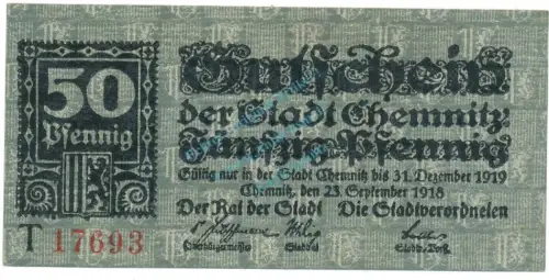 Chemnitz , Notgeld 50 Pfennig Schein unc-kfr. Tieste 1135.50.05 , S 1918 Verkehrsausgabe -4118