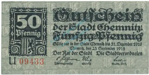 Chemnitz , Notgeld 50 Pfennig Schein unc-kfr. Tieste 1135.50.10 , S 1918 Verkehrsausgabe -4119