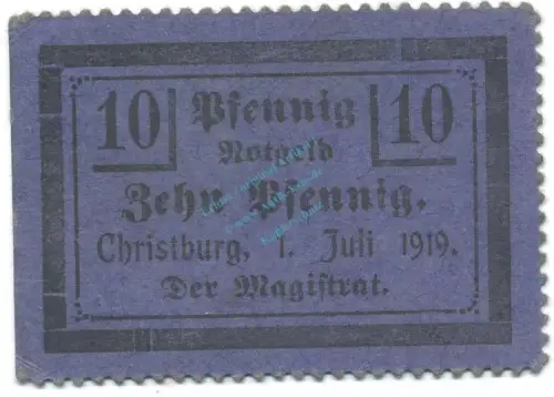 Christburg , Notgeld 10 Pfennig Schein unc-kfr. Tieste 1145.10.36 , DWP 1919 Verkehrsausgabe -4120