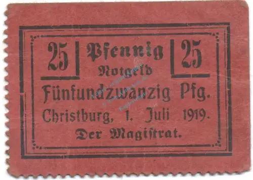 Christburg , Notgeld 25 Pfennig Schein gbr. Tieste 1145.10.37 , DWP 1919 Verkehrsausgabe -4122