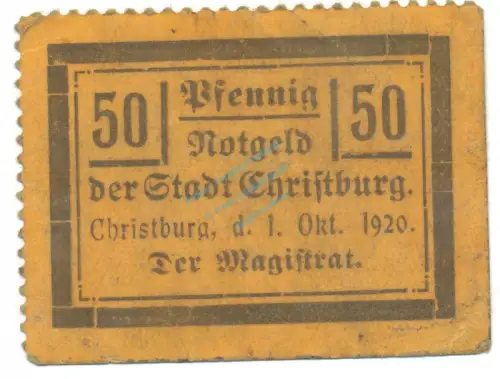Christburg , Notgeld 50 Pfennig Schein gbr. Tieste 1145.10.43 , DWP 1920 Verkehrsausgabe -4123