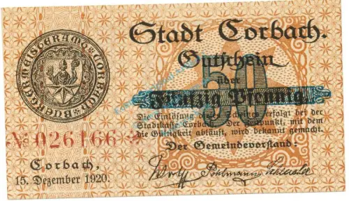Corbach , Notgeld 50 Pfennig Schein unc-kfr. Tieste 1200.05.11 , WAL 1920 Verkehrsausgabe -4125