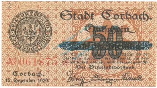 Corbach , Notgeld 50 Pfennig Schein unc-kfr. Tieste 1200.05.21 , WAL 1920 Verkehrsausgabe -4124