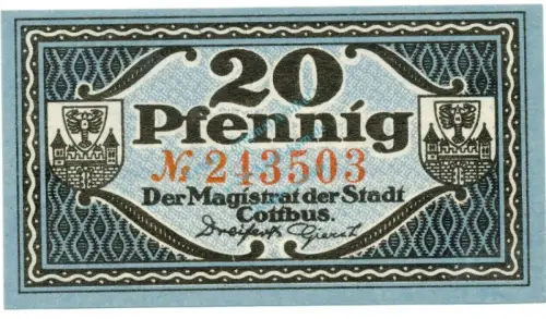 Cottbus , Notgeld 20 Pfennig Schein unc-kfr. Tieste 1210.25.21 , BBG o.D. Verkehrsausgabe -4130
