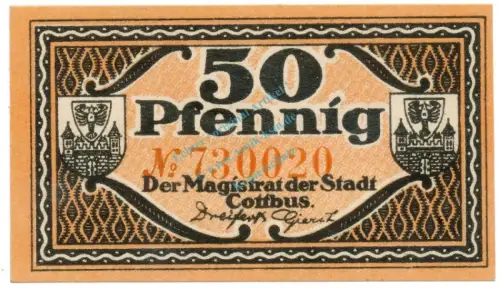 Cottbus , Notgeld 50 Pfennig Schein unc-kfr. Tieste 1210.25.22 , BBG o.D. Verkehrsausgabe -4131