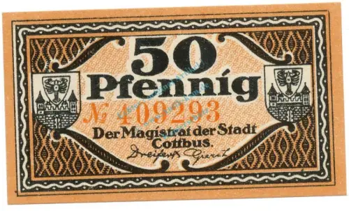 Cottbus , Notgeld 50 Pfennig Schein unc-kfr. Tieste 1210.25.28 , BBG o.D. Verkehrsausgabe -4133