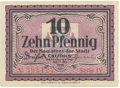 Cottbus , Notgeld 10 Pfennig Schein unc-kfr. Tieste 1210.25.16 , BBG o.D. Verkehrsausgabe -4132