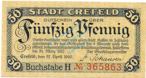 Crefeld , Notgeld 50 Pfennig Schein unc-kfr. Tieste 1220.05.26 , RHL 1920 Verkehrsausgabe -4142
