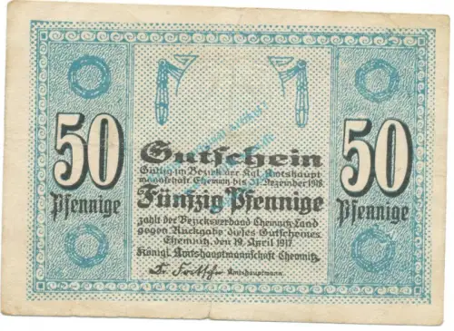 Chemnitz , Notgeld 50 Pfennig Schein gbr. Tieste 1135.05.02 , S 1917 Verkehrsausgabe -4146