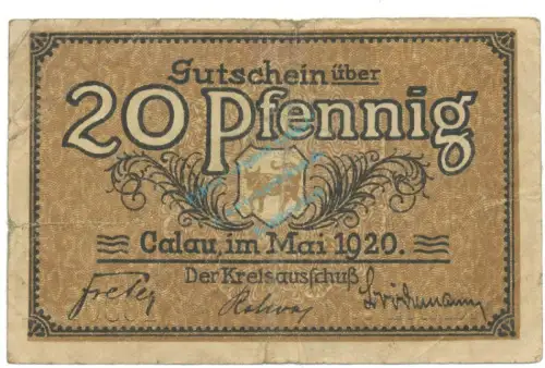 Calau , Notgeld 20 Pfennig Schein gbr. Tieste 1060.05.17 , BBG 1920 Verkehrsausgabe -4151