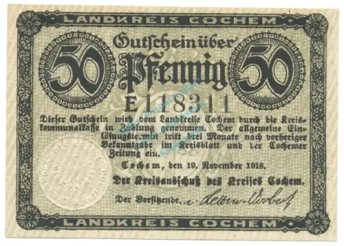 Cochem , Notgeld 50 Pfennig Schein unc-kfr. Tieste 1175.05.01 , RHL 1918 Verkehrsausgabe -4152