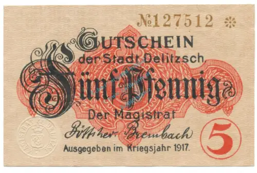 Delitzsch , Notgeld 5 Pfennig Schein unc-kfr. Tieste 1325.15.15 , S 1917 Verkehrsausgabe -4064