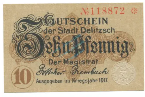 Delitzsch , Notgeld 10 Pfennig Schein unc-kfr. Tieste 1325.15.06 , S 1917 Verkehrsausgabe -4065