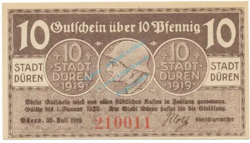 Düren , Notgeld 10 Pfennig Schein unc-kfr. Tieste 1530.10.55 , RHL 1919 Verkehrsausgabe -4069