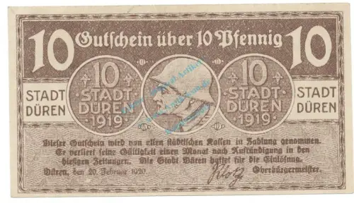 Düren , Notgeld 10 Pfennig Schein unc-kfr. Tieste 1530.10.60 RHL 1920 Verkehrsausgabe -4071