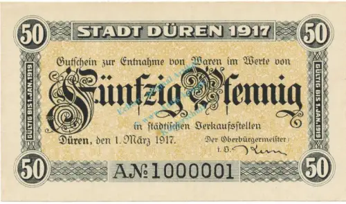 Düren , Notgeld 50 Pfennig Schein unc-kfr. Tieste 1530.10.05 RHL 1917 Verkehrsausgabe -4072