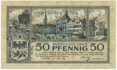 Düren , Notgeld 50 Pfennig Schein unc-kfr. Tieste 1530.10.45 RHL 1917 Verkehrsausgabe -4073