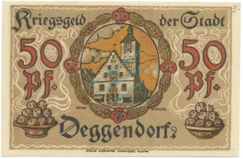 Deggendorf , Notgeld 50 Pfennig Schein unc-kfr. Tieste 1315.25.11 BAY 1918 Verkehrsausgabe -4084