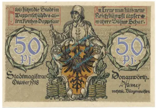 Donauwörth , Notgeld 50 Pfennig Schein unc-kfr. Tieste 1445.10.02 BAY 1918 Verkehrsausgabe -4085