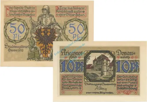 Donauwörth , Notgeld Set 2 Scheine unc-kfr. Tieste 1445.10.10-11 BAY 1918 Verkehrsausgabe -4086