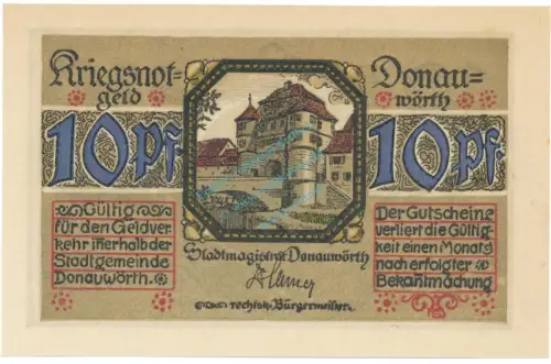 Donauwörth , Notgeld 10 Pfennig Schein unc-kfr. Tieste 1445.10.10 BAY 1918 Verkehrsausgabe -4087