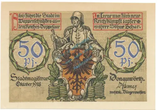 Donauwörth , Notgeld 50 Pfennig Schein unc-kfr. Tieste 1445.10.11 BAY 1918 Verkehrsausgabe -4088