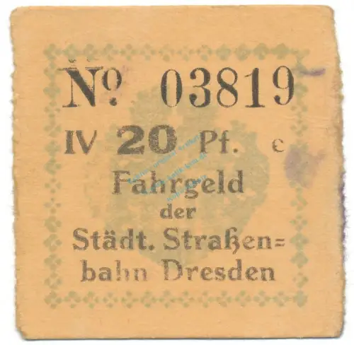 Dresden , Notgeld 20 Pfennig Schein F-kfr. Tieste 1475.260.15 S o.D. Verkehrsausgabe -4098
