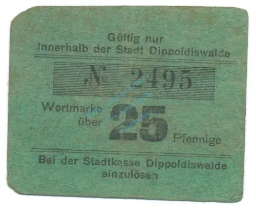 Dippoldiswalde , Notgeld 25 Pfennig Schein gbr. Tieste 1400.30.11  , S o.D. Verkehrsausgabe -4113