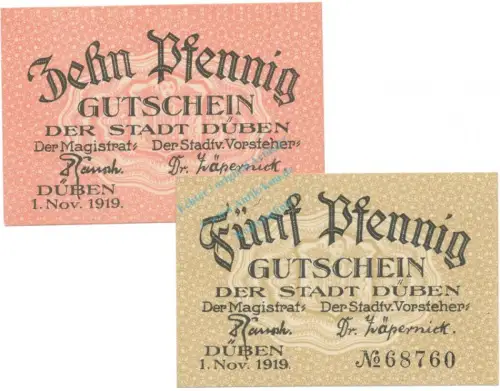Düben , Notgeld Set 2 Scheine unc-kfr. Tieste 1520.05.05-06  , PrS 1919 Verkehrsausgabe -4116