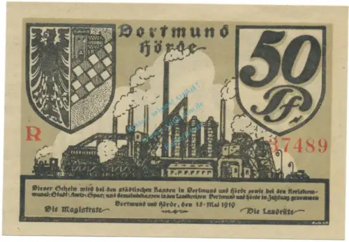 Dortmund , Notgeld 50 Pfennig Schein unc-kfr. Tieste 1465.05.05  , NRW 1919 Verkehrsausgabe -4117