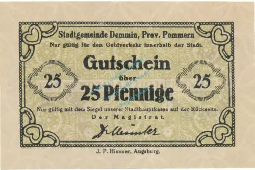Demmin , Notgeld 25 Pfennig Schein unc-kfr. Tieste 1335.10.55 , POM 1920 Verkehrsausgabe -4126