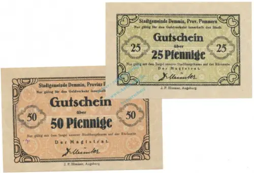 Demmin , Notgeld Set 2 Scheine unc-kfr. Tieste 1335.10.55-56 , POM 1920 Verkehrsausgabe -4127