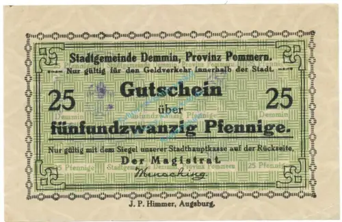 Demmin , Notgeld 25 Pfennig Schein unc-kfr. Tieste 1335.10.50 , POM o.D. Verkehrsausgabe -4128