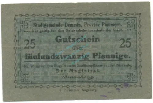 Demmin , Notgeld 25 Pfennig Schein gbr. Tieste 1335.10.10 , POM o.D. Verkehrsausgabe -4129