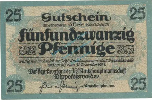 Dippoldiswalde , Notgeld 25 Pfennig Schein unc-kfr. Tieste 1400.15.02 , S o.D. Verkehrsausgabe -0331