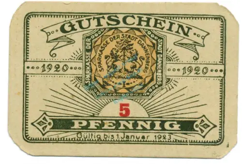 Dannenberg , Notgeld 5 Pfennig Schein unc-kfr. Tieste 1285.05.20 , NDS 1920 Verkehrsausgabe -4136